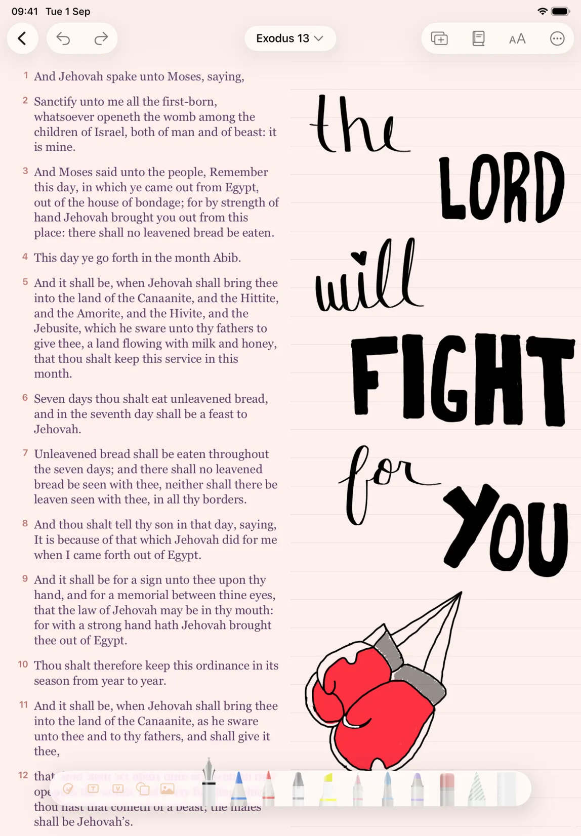 Exodus 13 open in Digible on iPad, hand-lettered by a reader 'the Lord will fight for you' above a drawing of red boxing gloves