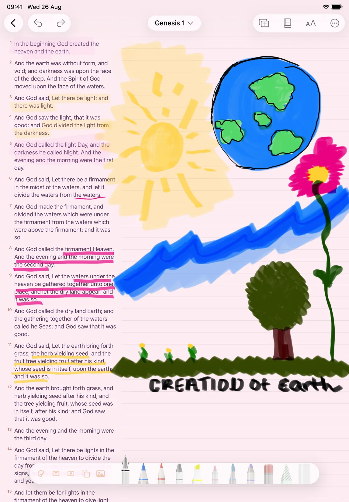 Genesis 1 open in Digible on iPad, hand-illustrated by a reader with a drawn sun, the earth, flowers and grass under the lettering 'Creation of Earth'