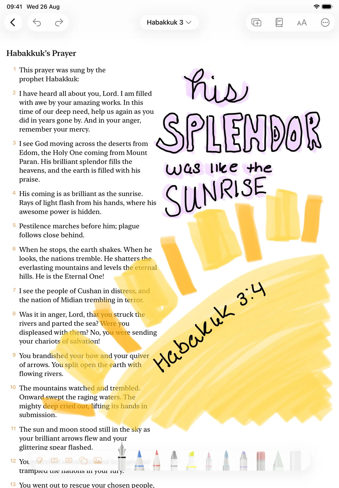 Habakkuk 3 open in Digible on iPad, hand-lettered by a reader in pink over a wide yellow highlighter sunburst β 'his splendour was like the sunrise'