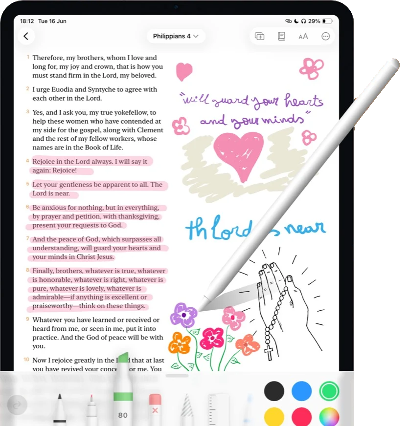 Philippians 4 open in Digible on iPad, colour-coded highlights down the text with hand lettering, a drawn heart, flower stickers and praying hands beside it, an Apple Pencil resting on the page and the pen, highlighter and colour tray along the bottom