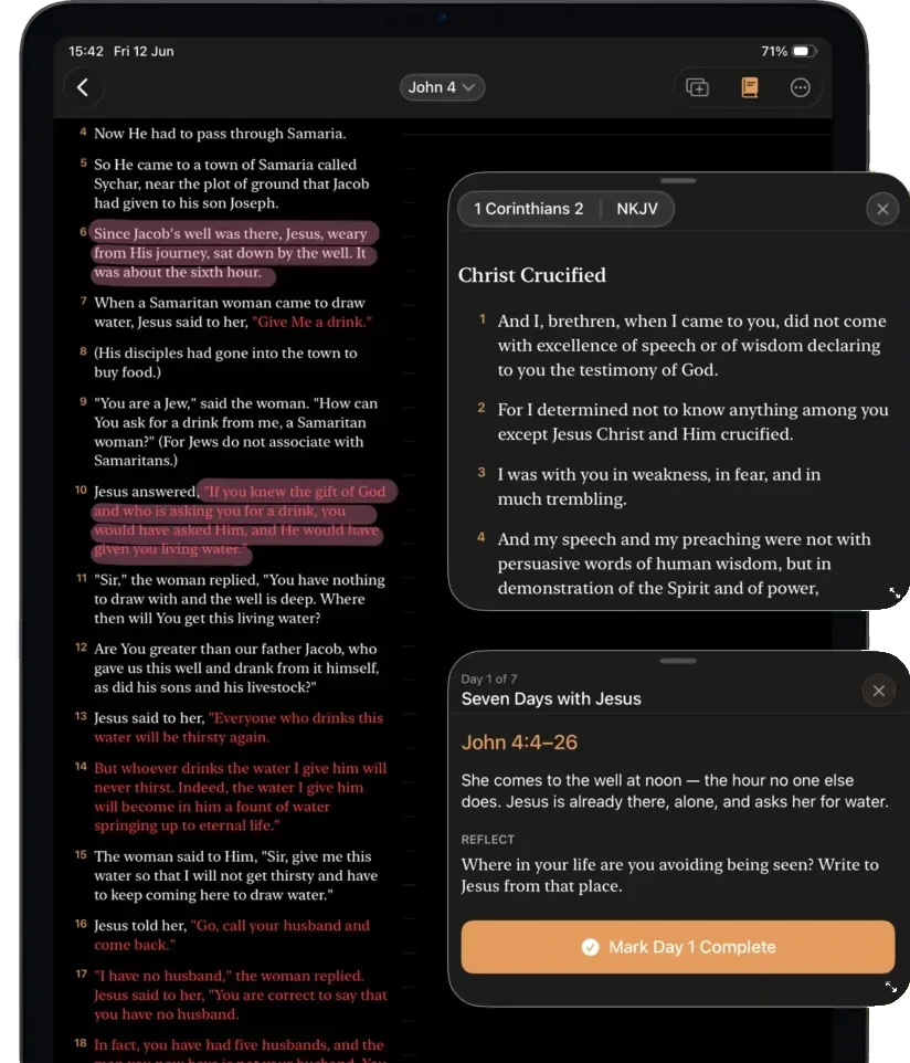 A chapter of John open in Digible on iPad in a dark theme, with a comparison panel showing 1 Corinthians 2 and a study Path card asking a reflection question