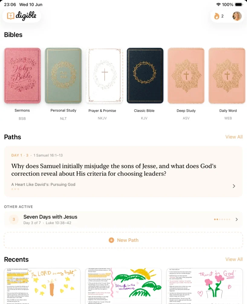 Digible's home screen on iPad showing a shelf of Bibles with decorative covers, an active study Path and recent journal pages